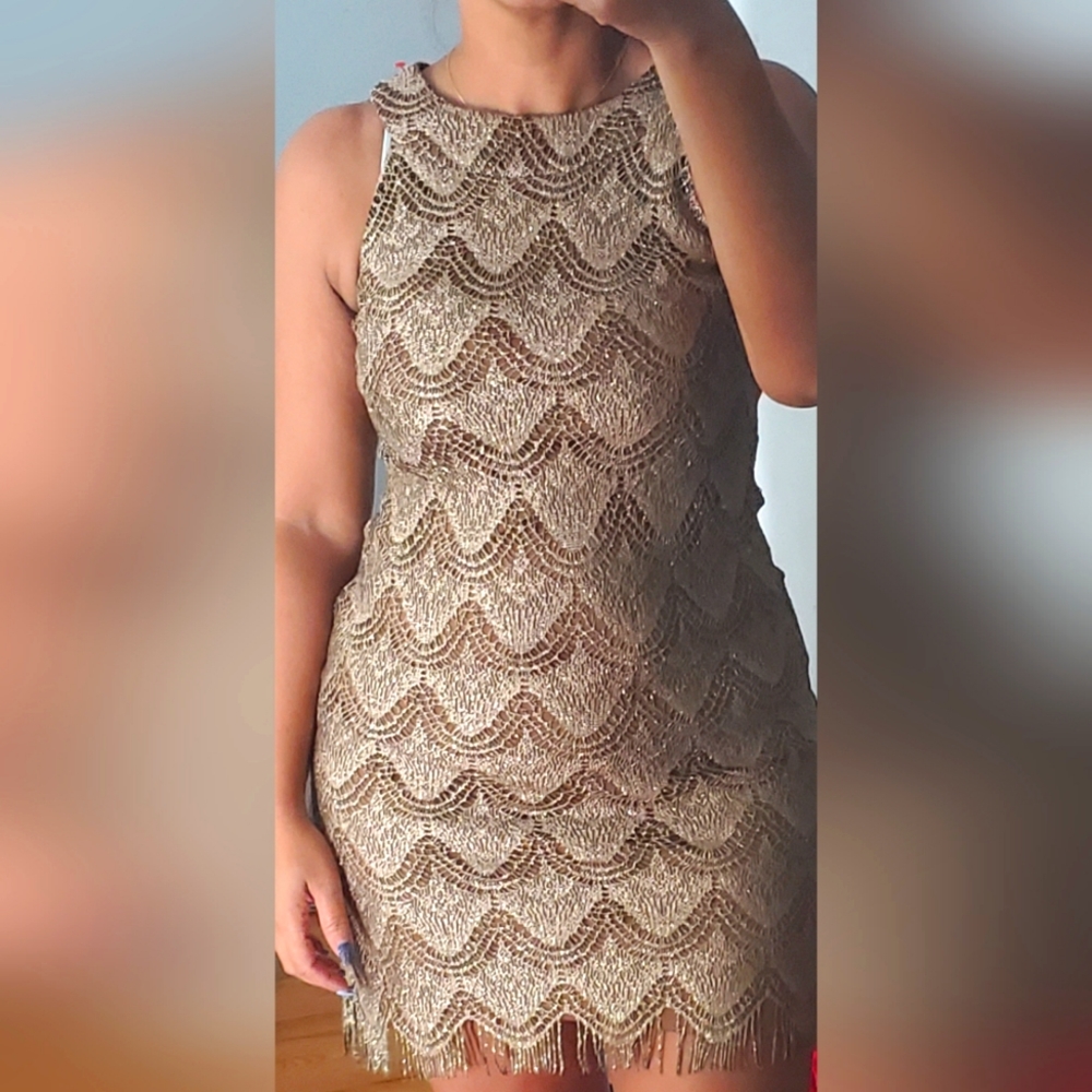 Gold dress, fringe bottom